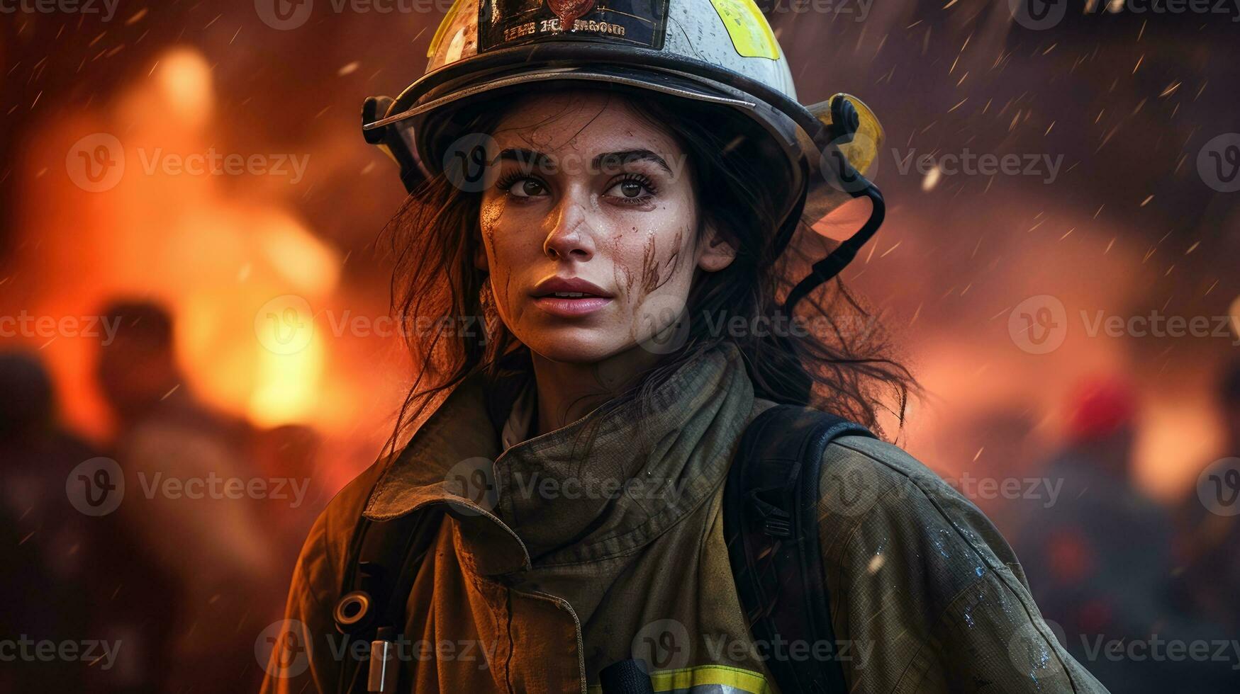 Female firefighter against the backdrop of a burning building. AI Generative photo