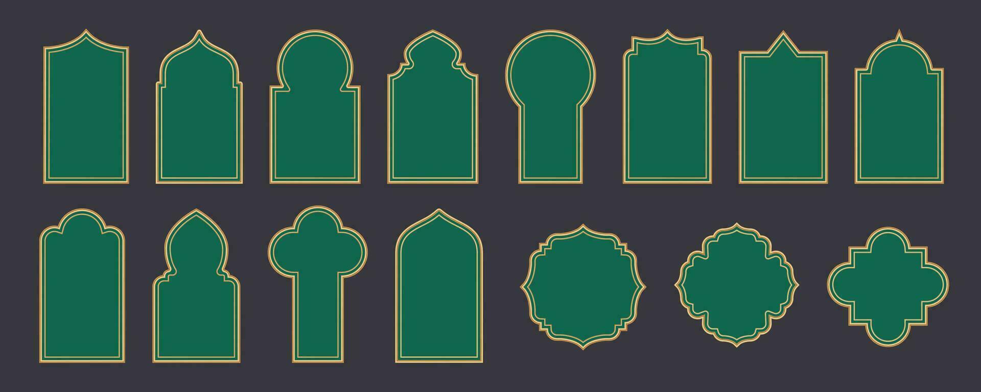 Ramadan window frame shapes. Islamic golden arches. Muslim mosque elements of architecture with ornament. Turkish gates and doors set. Vector