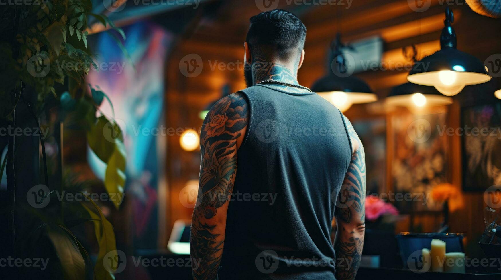 Tattooed arms of a muscular man. Blurred tattoo parlor on background. AI Generative photo