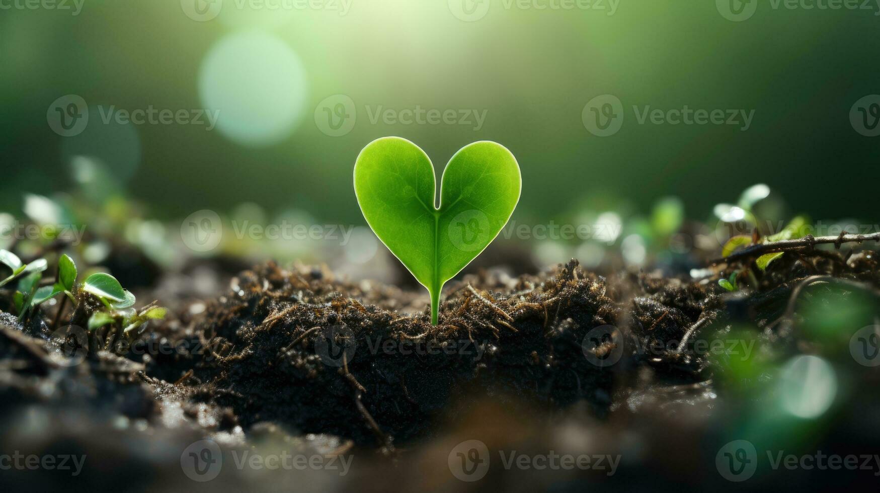 Plant growing out of a heart shaped soil with bokeh background. AI Generative photo