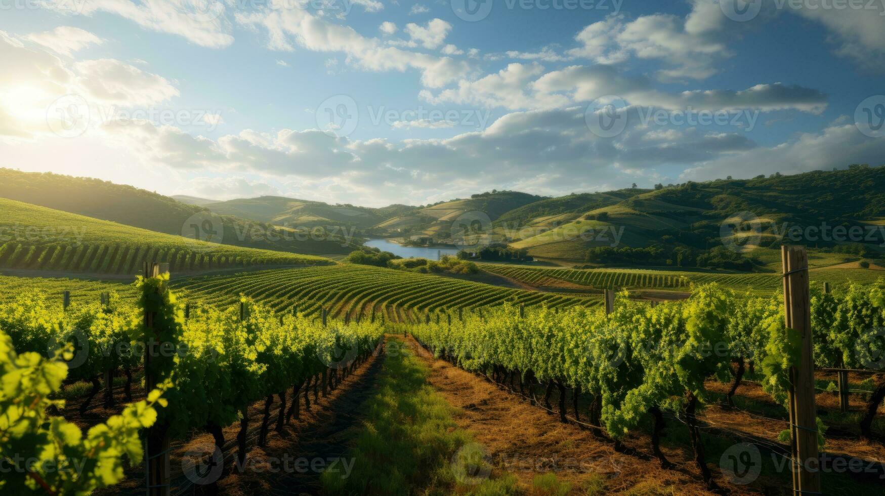 AI Generative Vineyard at sunset in sunlight. Winemaking and grape fields. photo