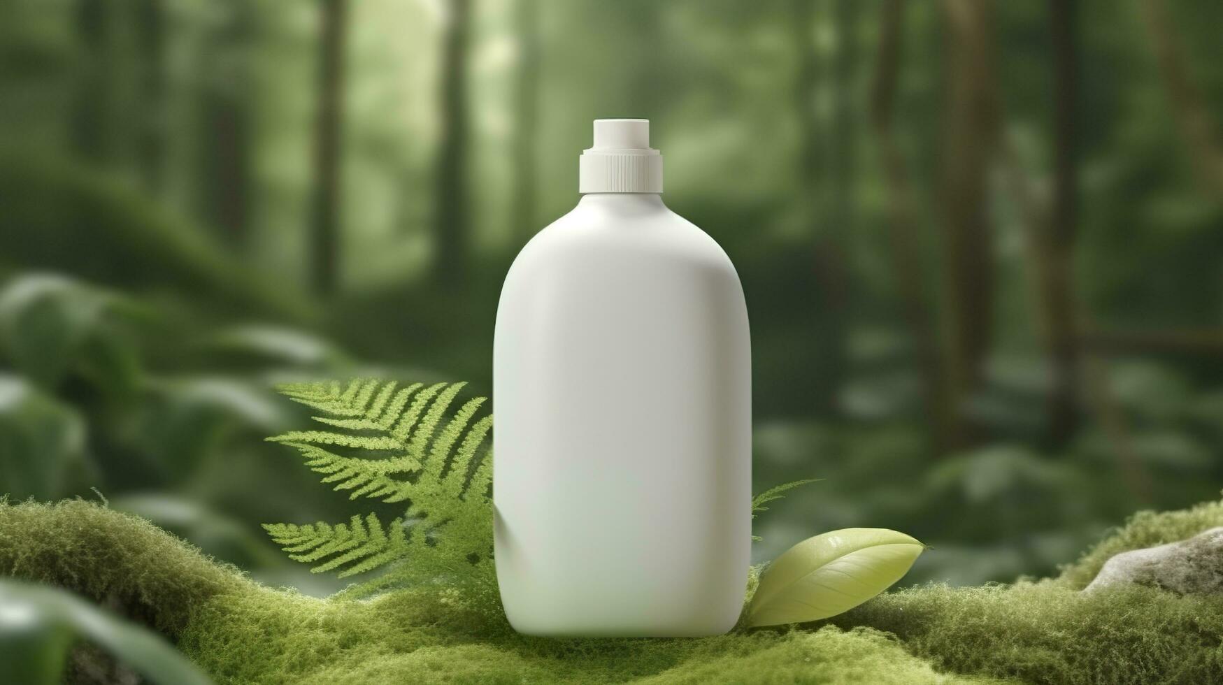 natural cosmetic product presentation backstage. outdoors forest placement. white blank jar shampoo bottle. 3d. AI Generative photo