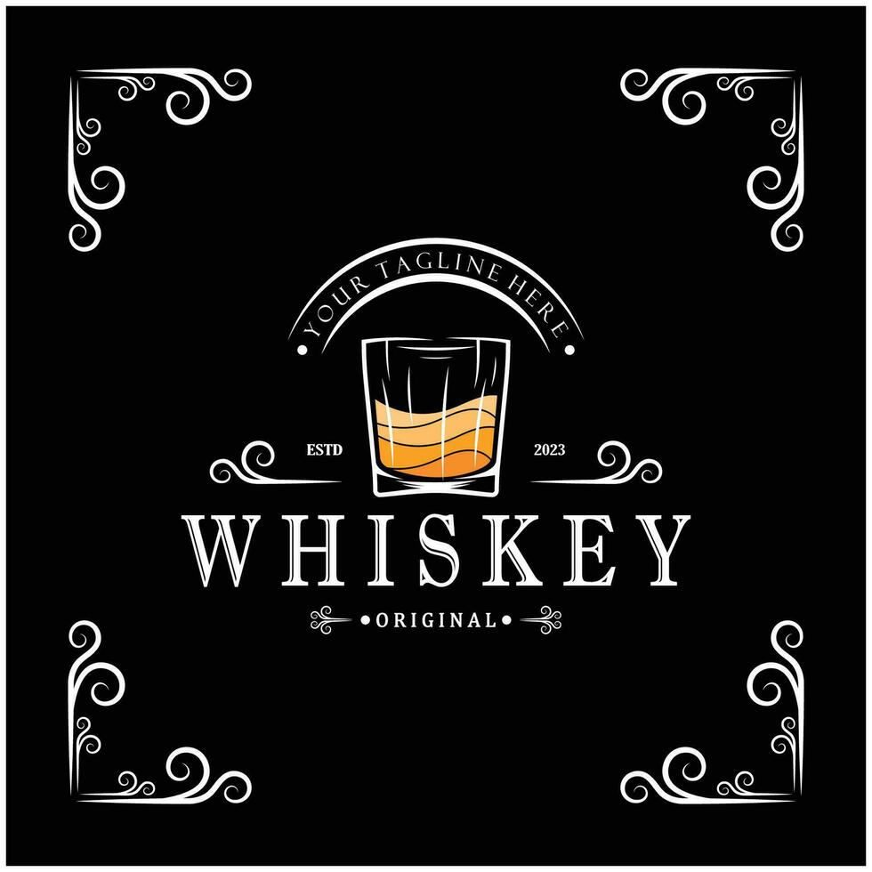 Clásico prima whisky logo etiqueta con vaso o cerveza. para bebidas, barras, clubs, cafés, compañías. vector