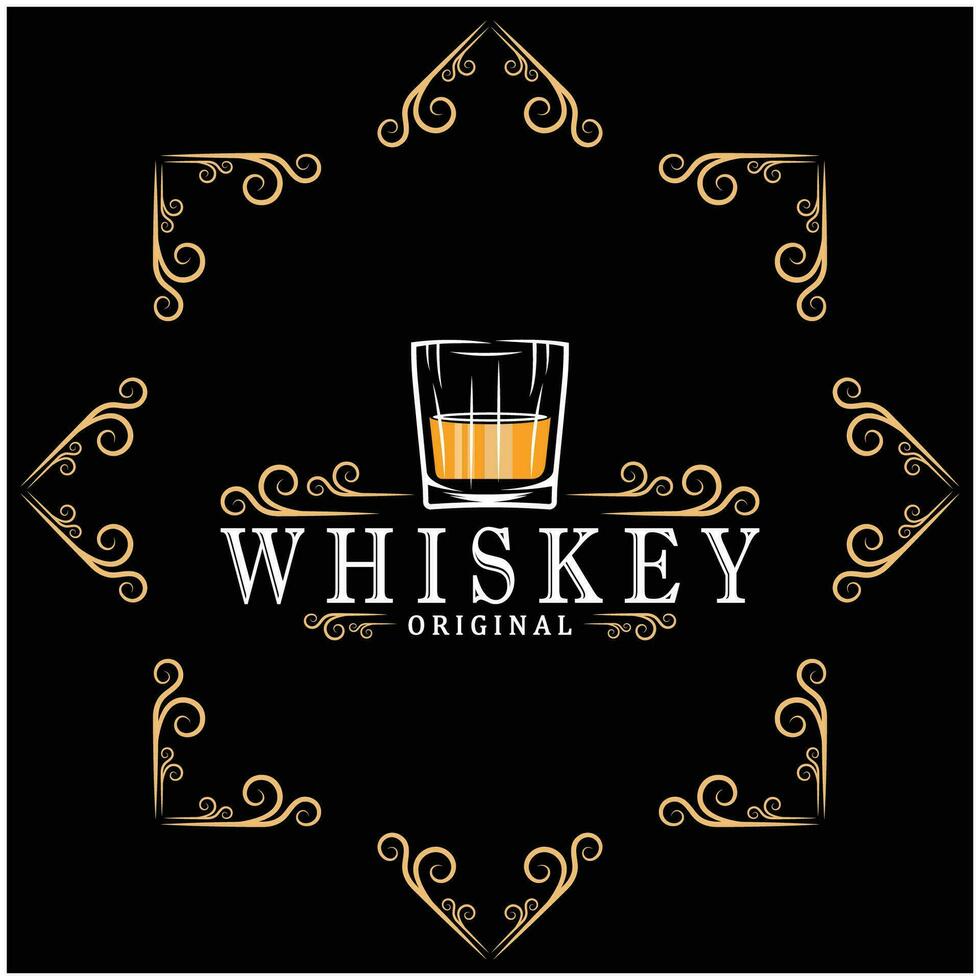 Clásico prima whisky logo etiqueta con vaso o cerveza. para bebidas, barras, clubs, cafés, compañías. vector