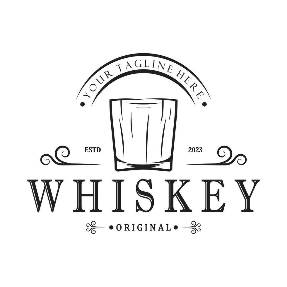 Clásico prima whisky logo etiqueta con vaso o cerveza. para bebidas, barras, clubs, cafés, compañías. vector