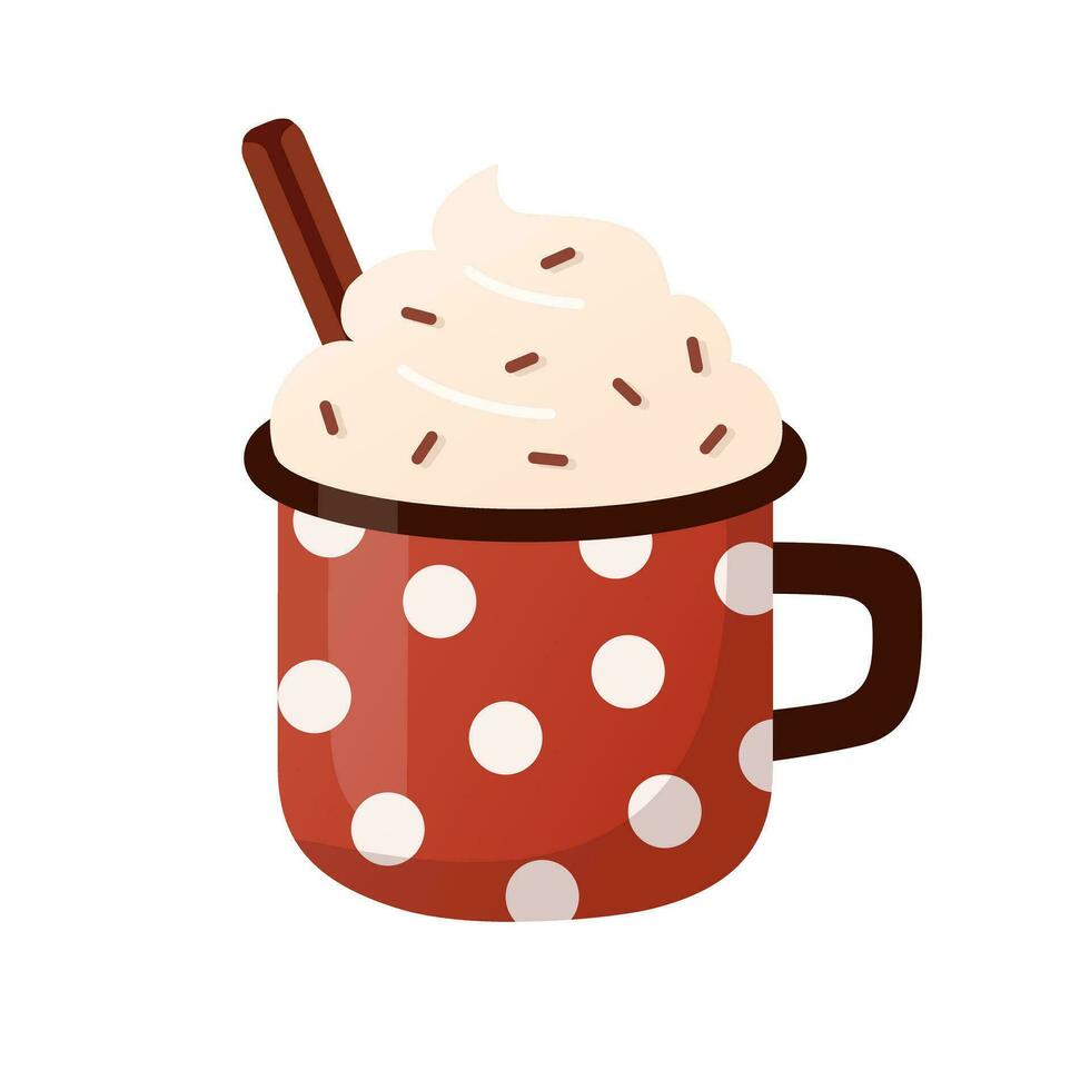 Polka dot red mug with hot dessert drink, coffee, cacao decorated with a stick of cinnamon. Flat cartoon style. vector