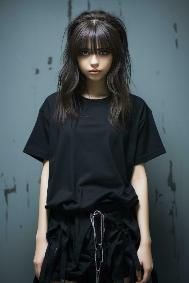 A girl posing against a wall wearing black pants and t shirt photo
