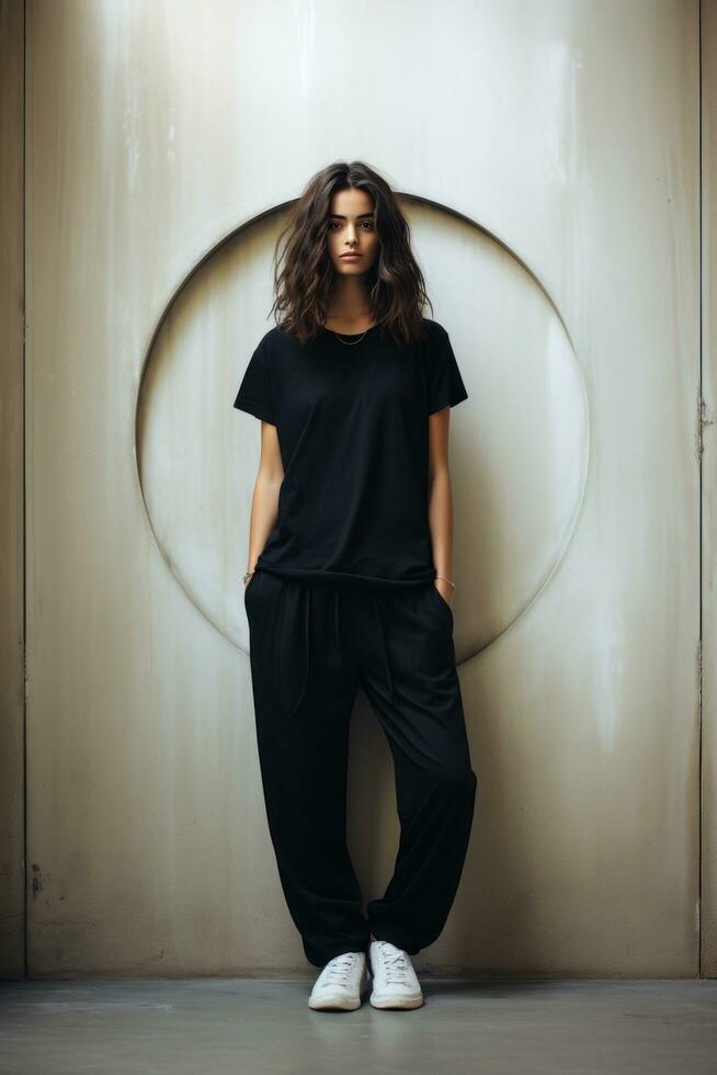 A girl posing against a wall wearing black pants and t shirt photo
