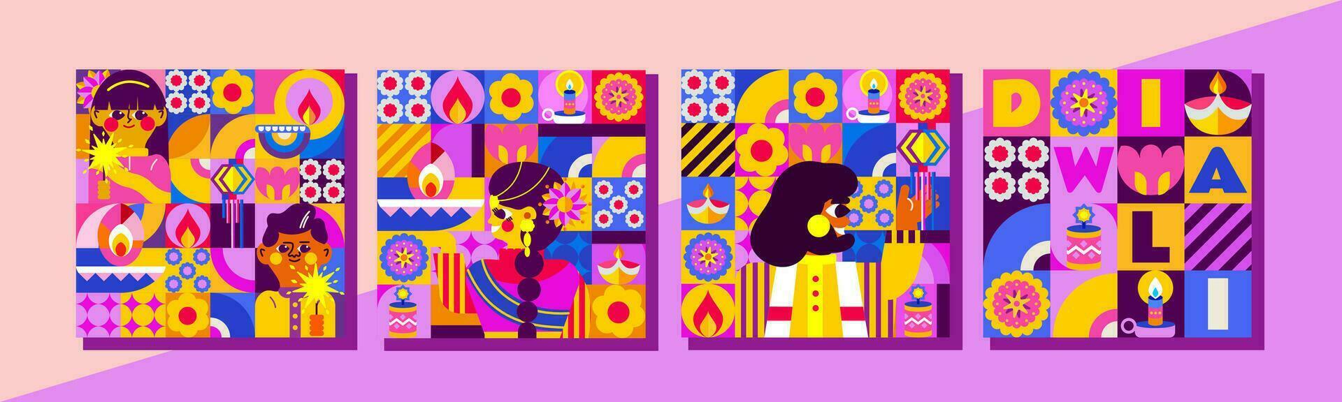 4 patterns to celebrate Diwali. Modern, bright design in mosaic style. Cheerful Indian couple, children with lights and many festive elements. vector