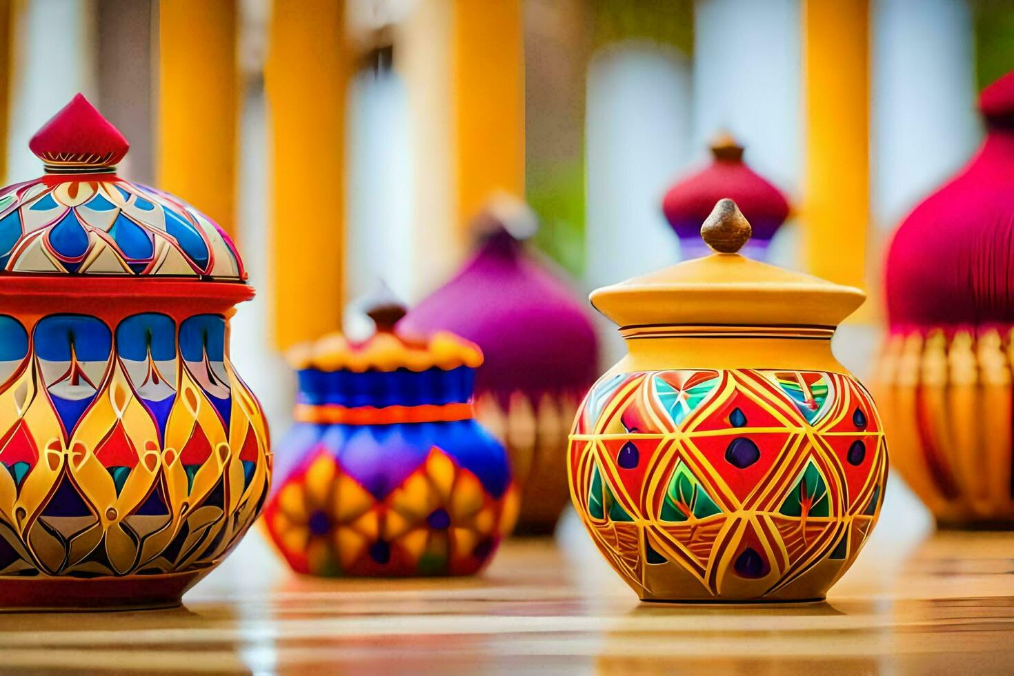 colorful vases are lined up on a table. AI-Generated photo