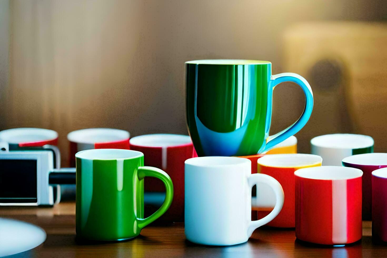 colorful coffee cups and a cell phone on a table. AI-Generated photo