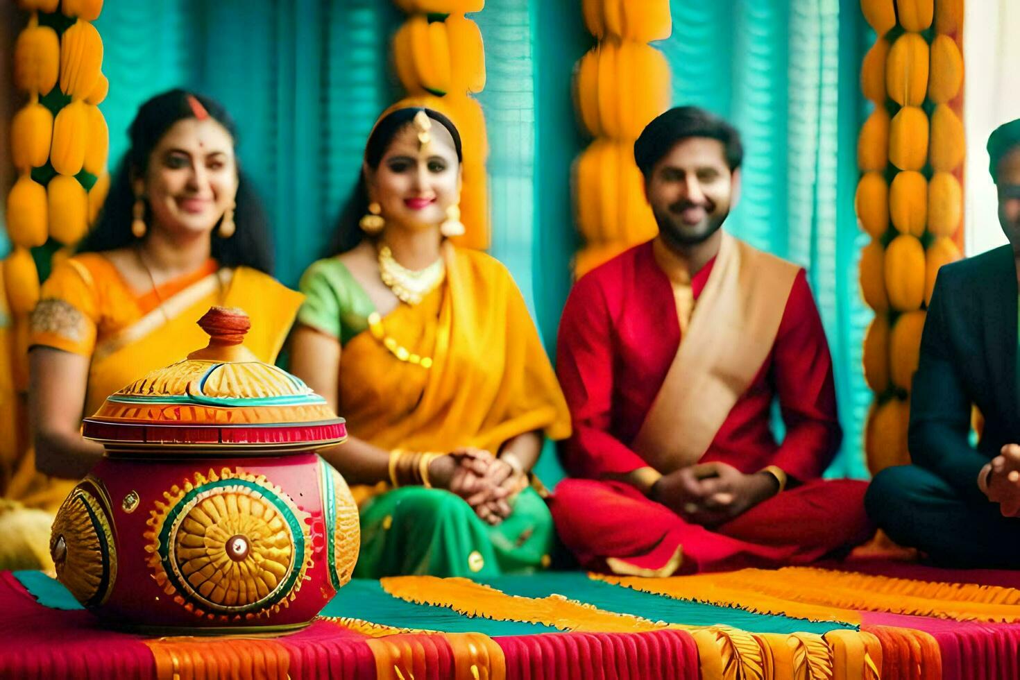 a couple and their friends in traditional indian attire. AI-Generated photo