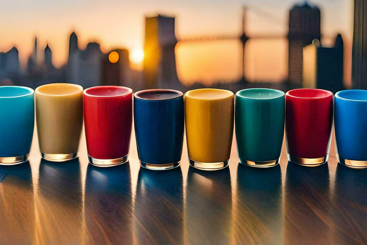 a row of colorful drinks on a table with a city skyline in the background. AI-Generated photo