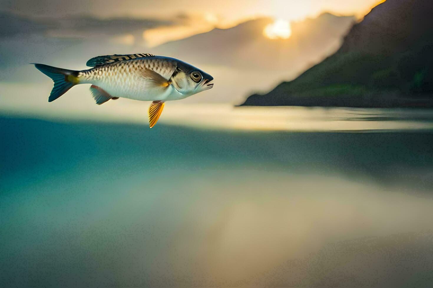 un pescado es volador terminado el Oceano a puesta de sol. generado por ai foto