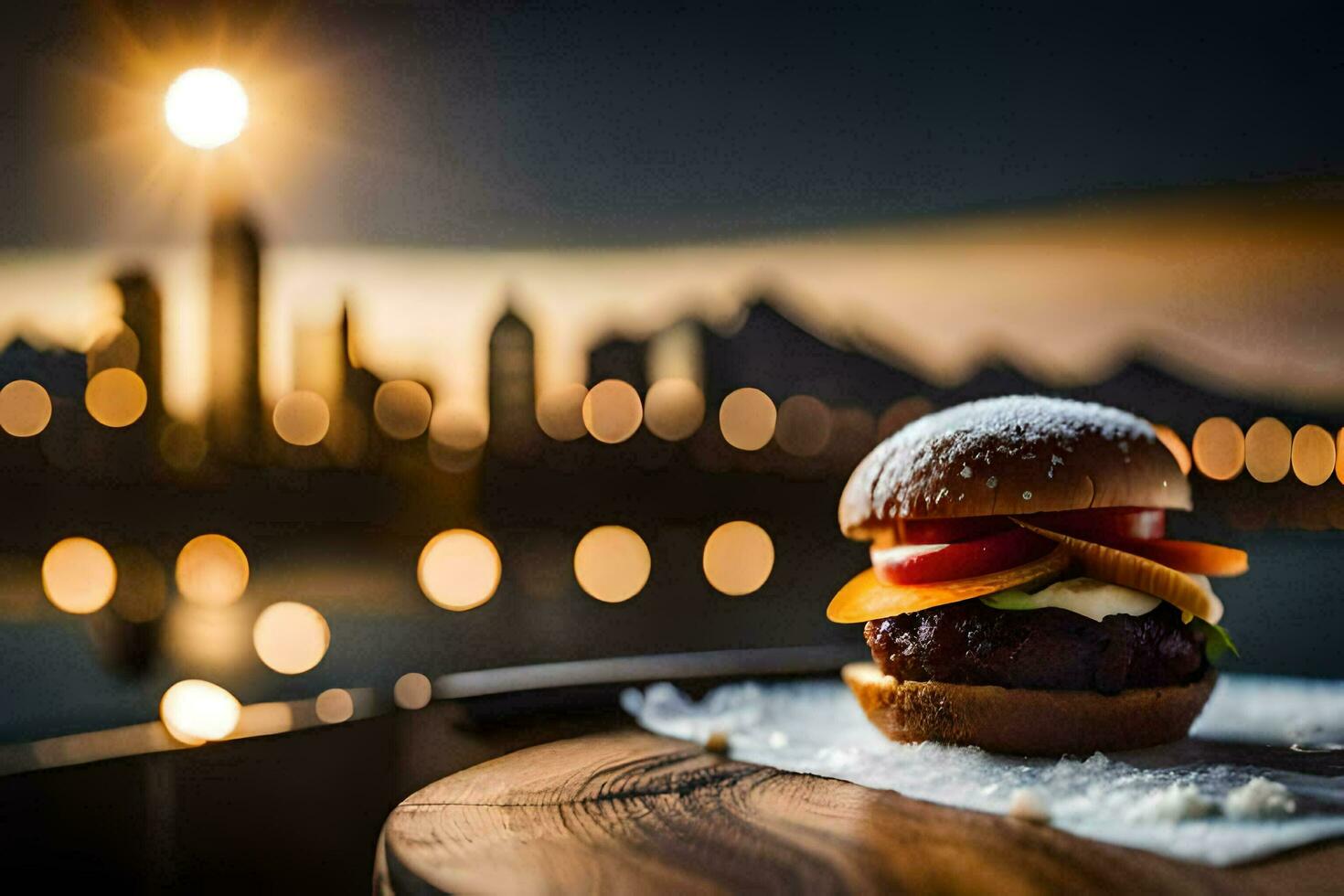 a hamburger sitting on a wooden table with a city in the background. AI-Generated photo