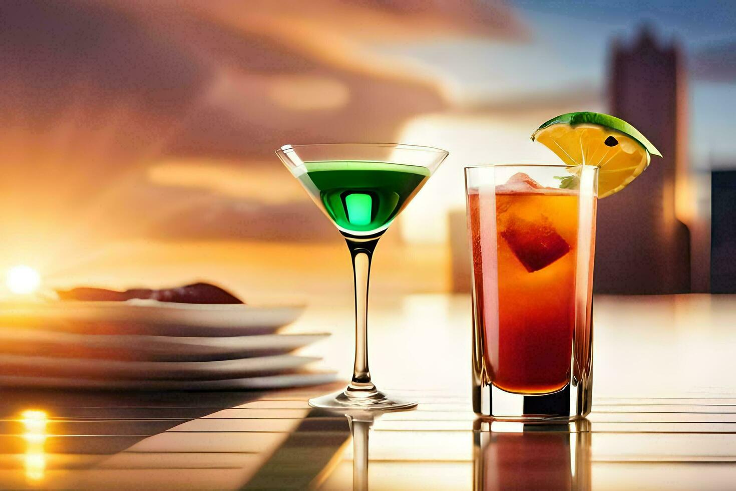 two cocktails sit on a table with a sunset in the background. AI-Generated photo