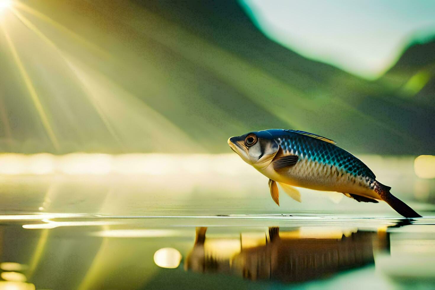 a fish is standing on the water with the sun shining. AI-Generated photo