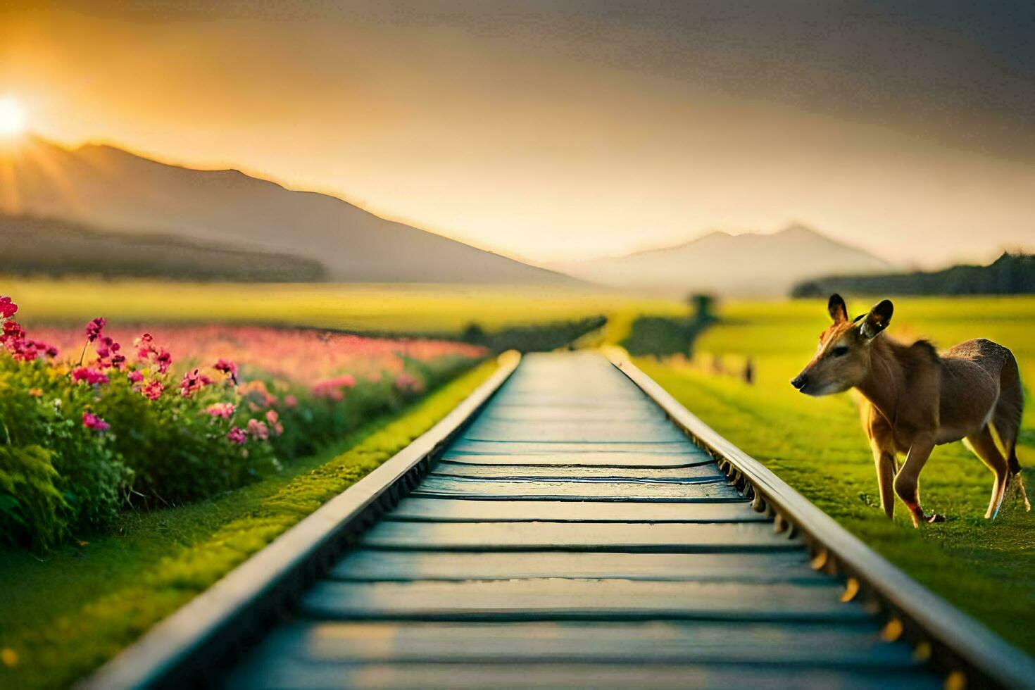 a horse standing on a train track in front of a field. AI-Generated photo