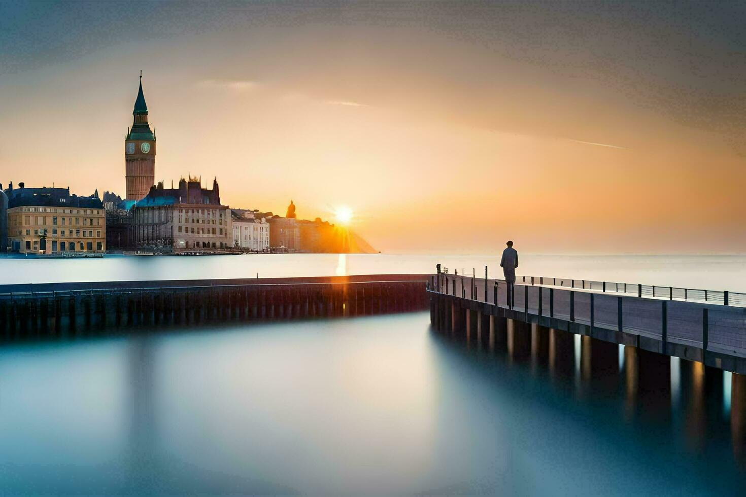 a man stands on a pier looking at a clock tower. AI-Generated photo