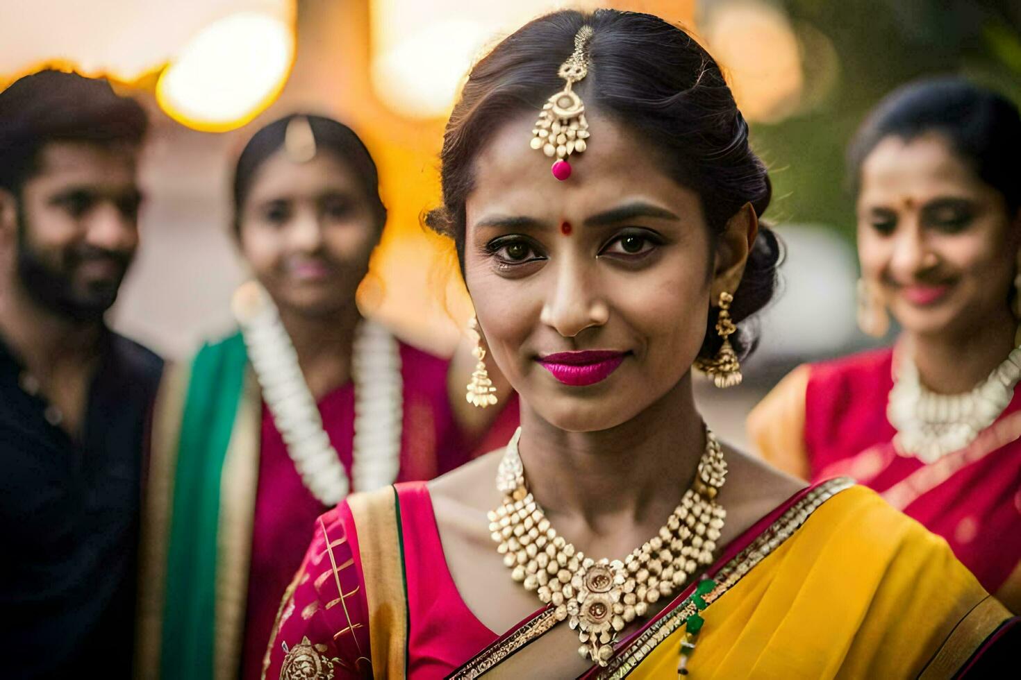 un mujer en tradicional indio atuendo poses para un foto. generado por ai foto