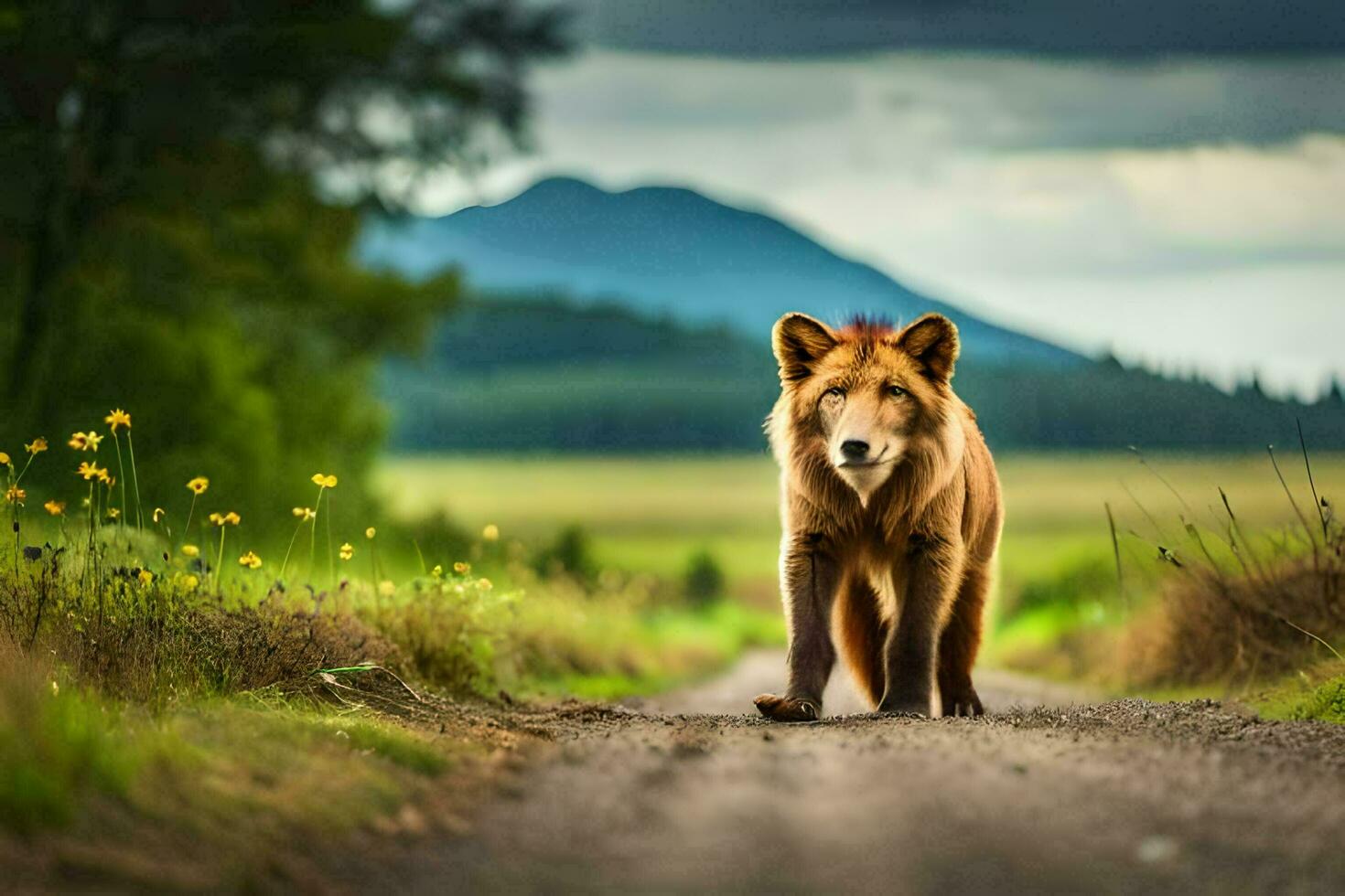 a wolf is walking down a dirt road. AI-Generated photo