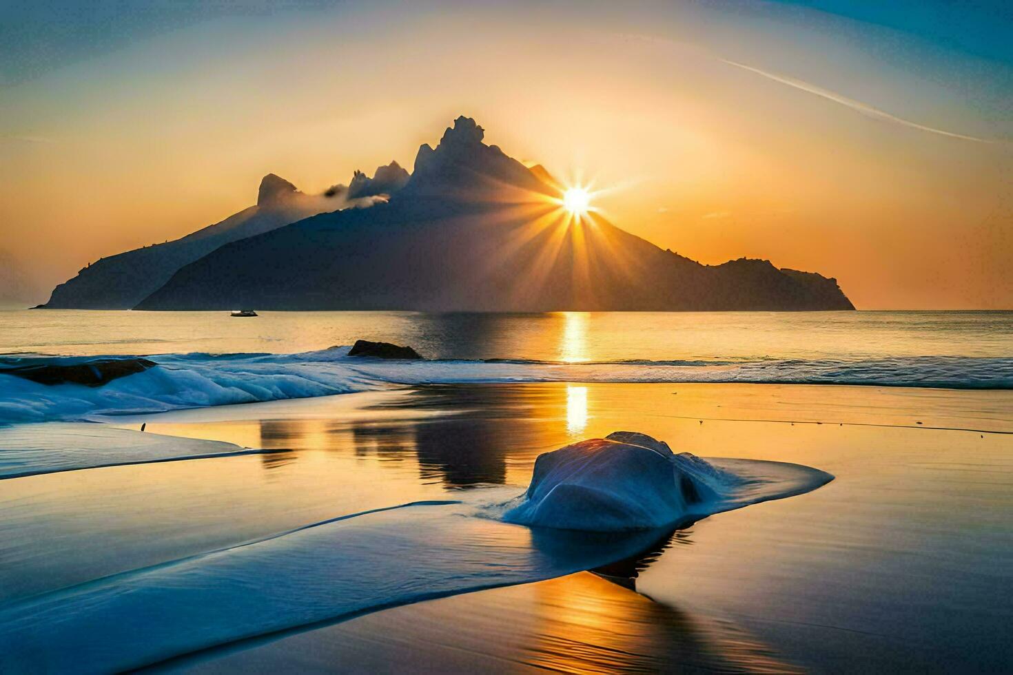 the sun rises over a mountain and waves on the beach. AI-Generated photo