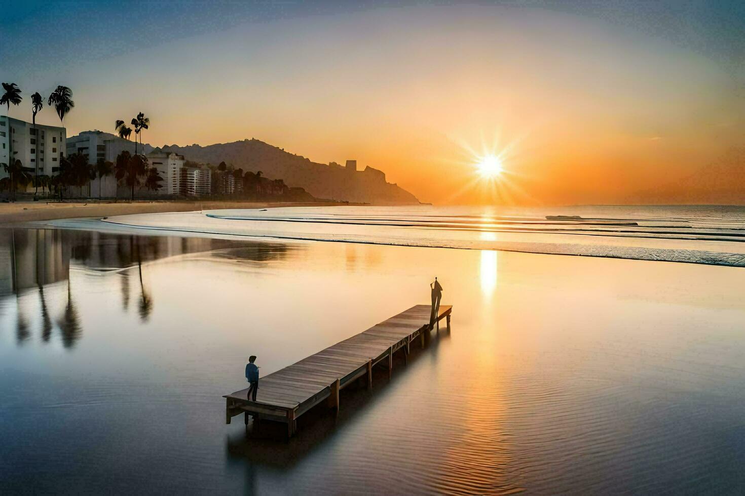 un muelle a puesta de sol en un playa con personas en pie en él. generado por ai foto