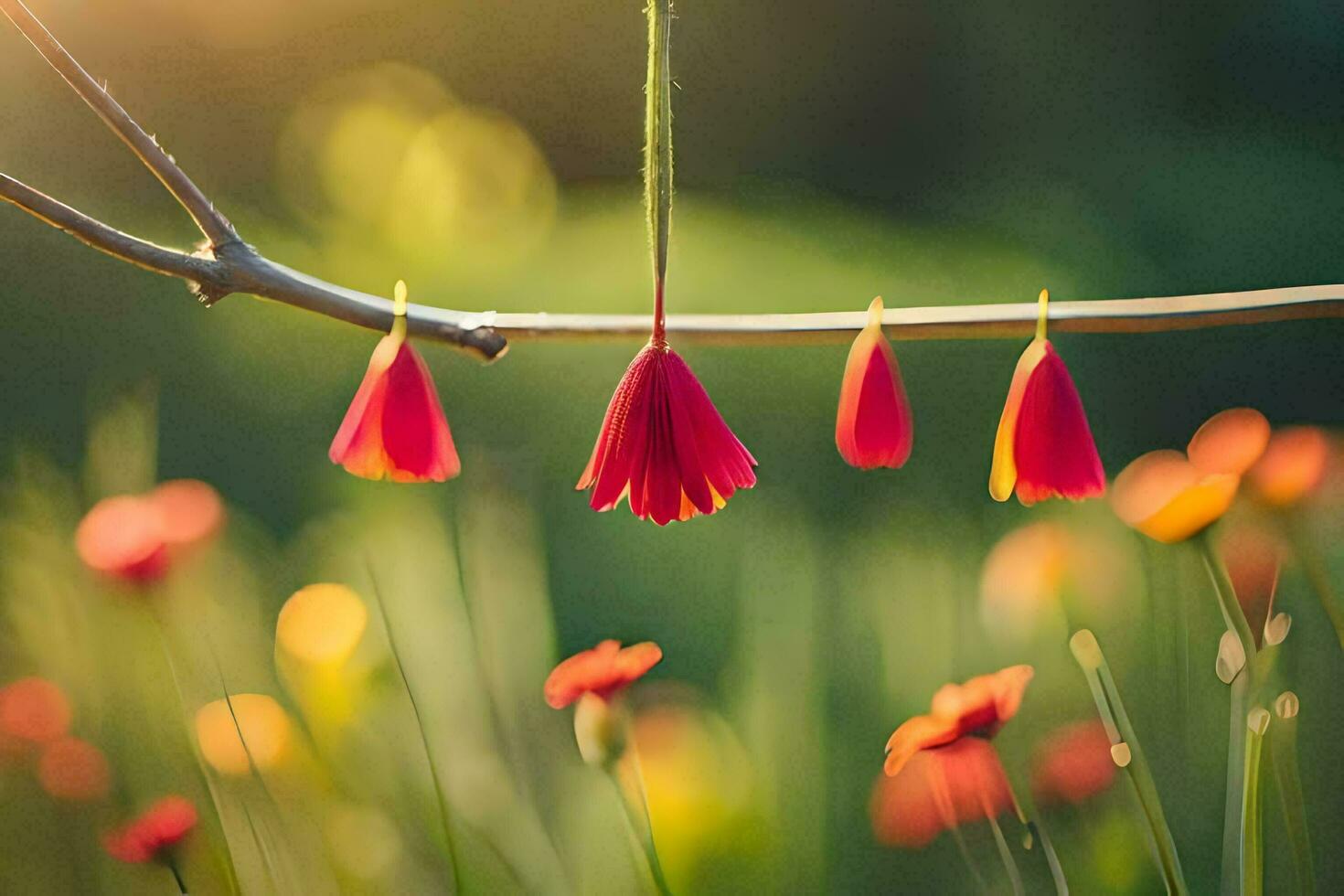 red flowers hanging from a branch in the sun. AI-Generated photo