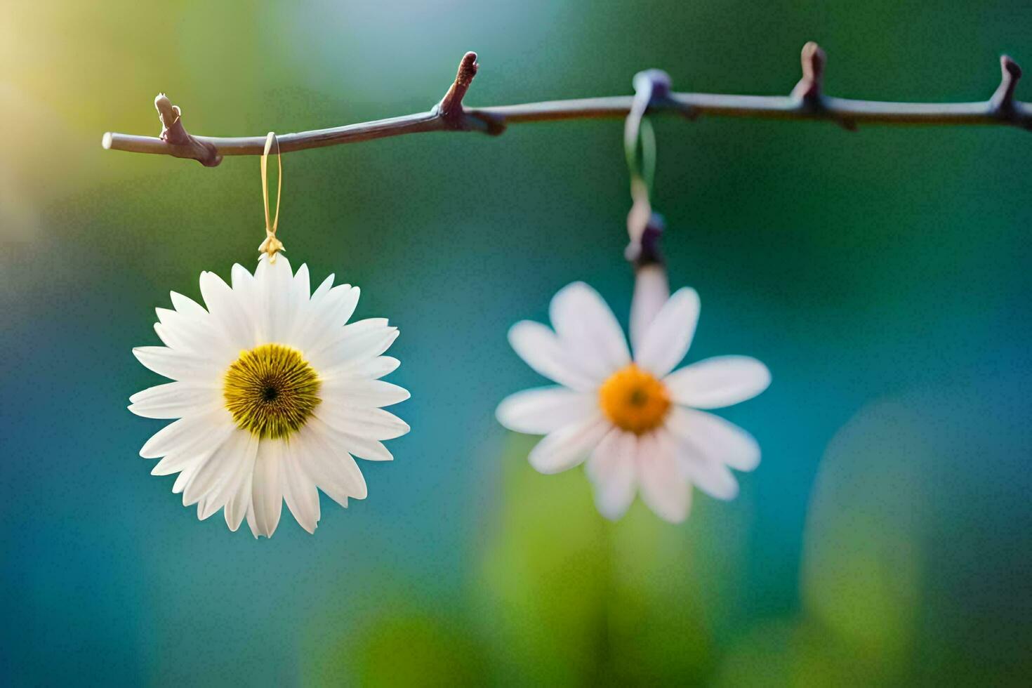 two white daisies hanging from a branch. AI-Generated photo