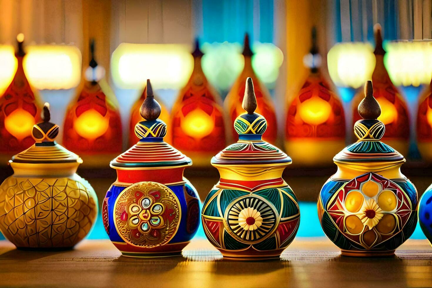 a row of colorful vases with candles in them. AI-Generated photo
