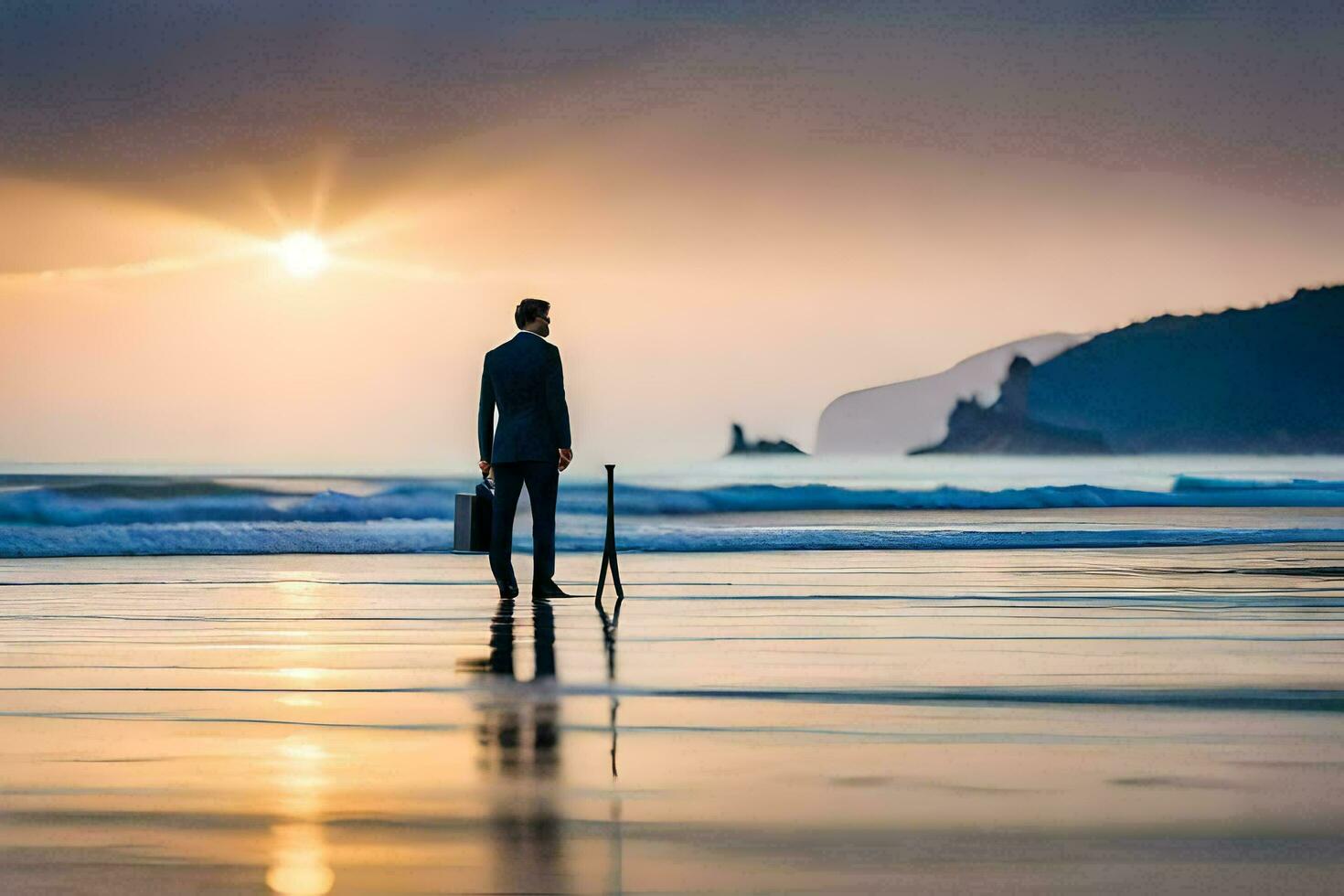 un hombre en un traje soportes en el playa a puesta de sol. generado por ai foto