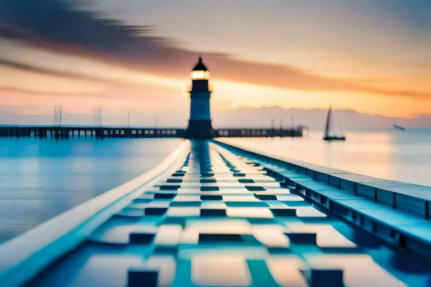 a long exposure photograph of a lighthouse at sunset. AI-Generated photo