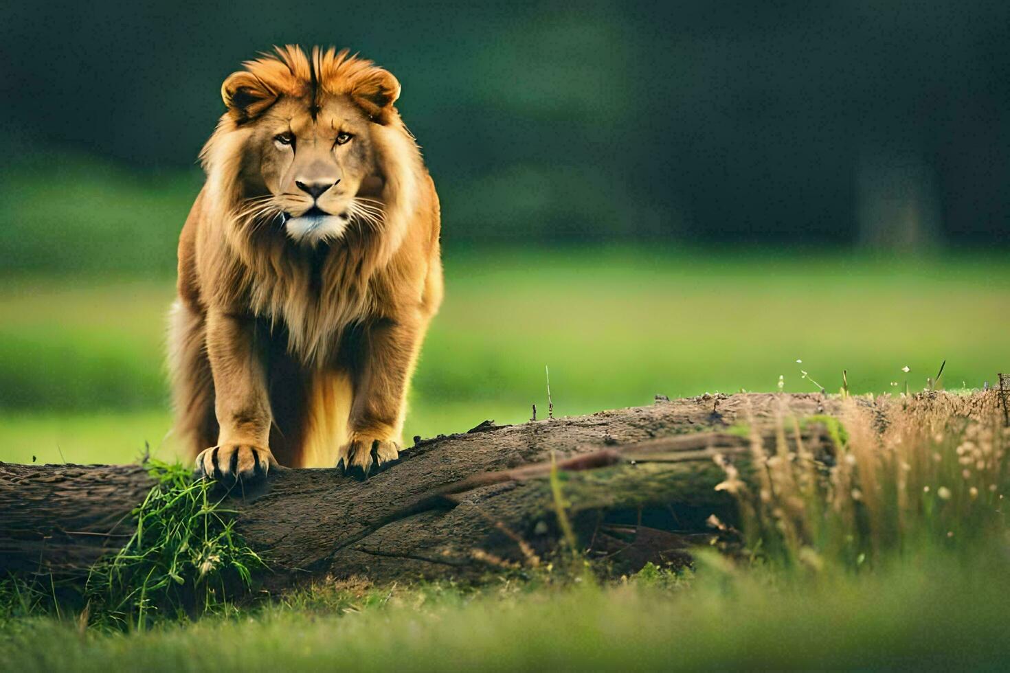 the lion is standing on a log in the middle of a field. AI-Generated photo