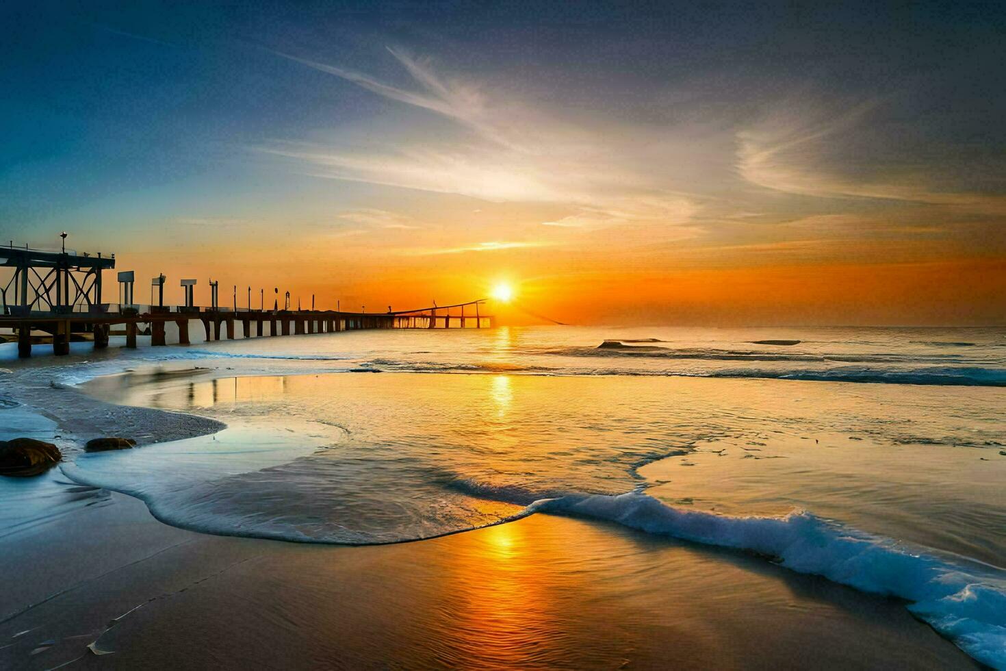 the sun rises over the ocean and pier at sunset. AI-Generated photo