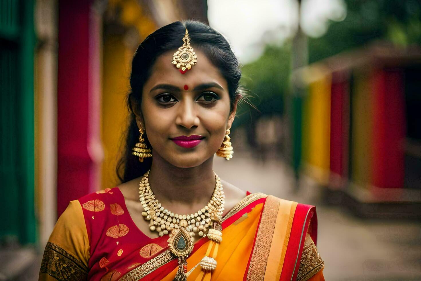 a beautiful indian woman wearing a colorful sari. AI-Generated photo
