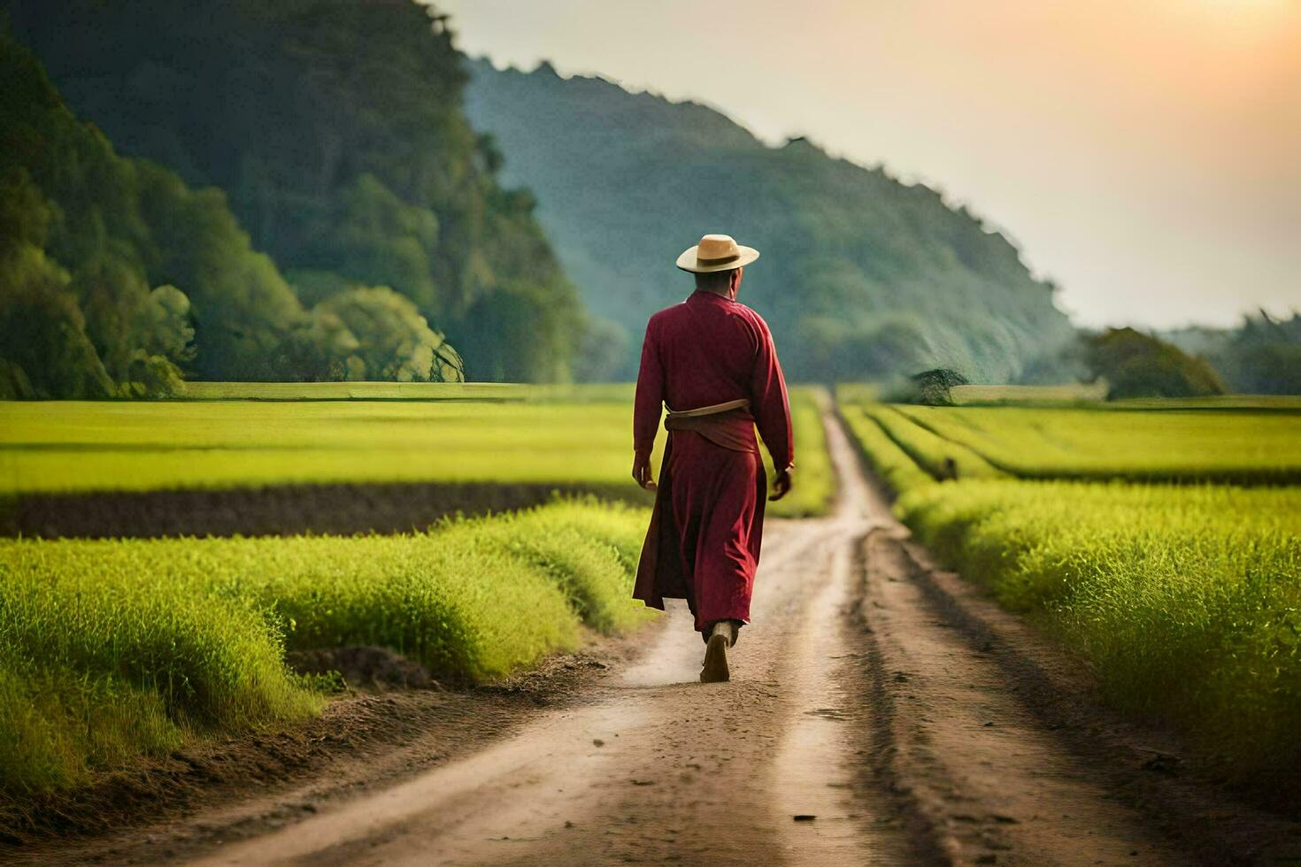 a monk walks down a dirt road in a rice field. AI-Generated photo
