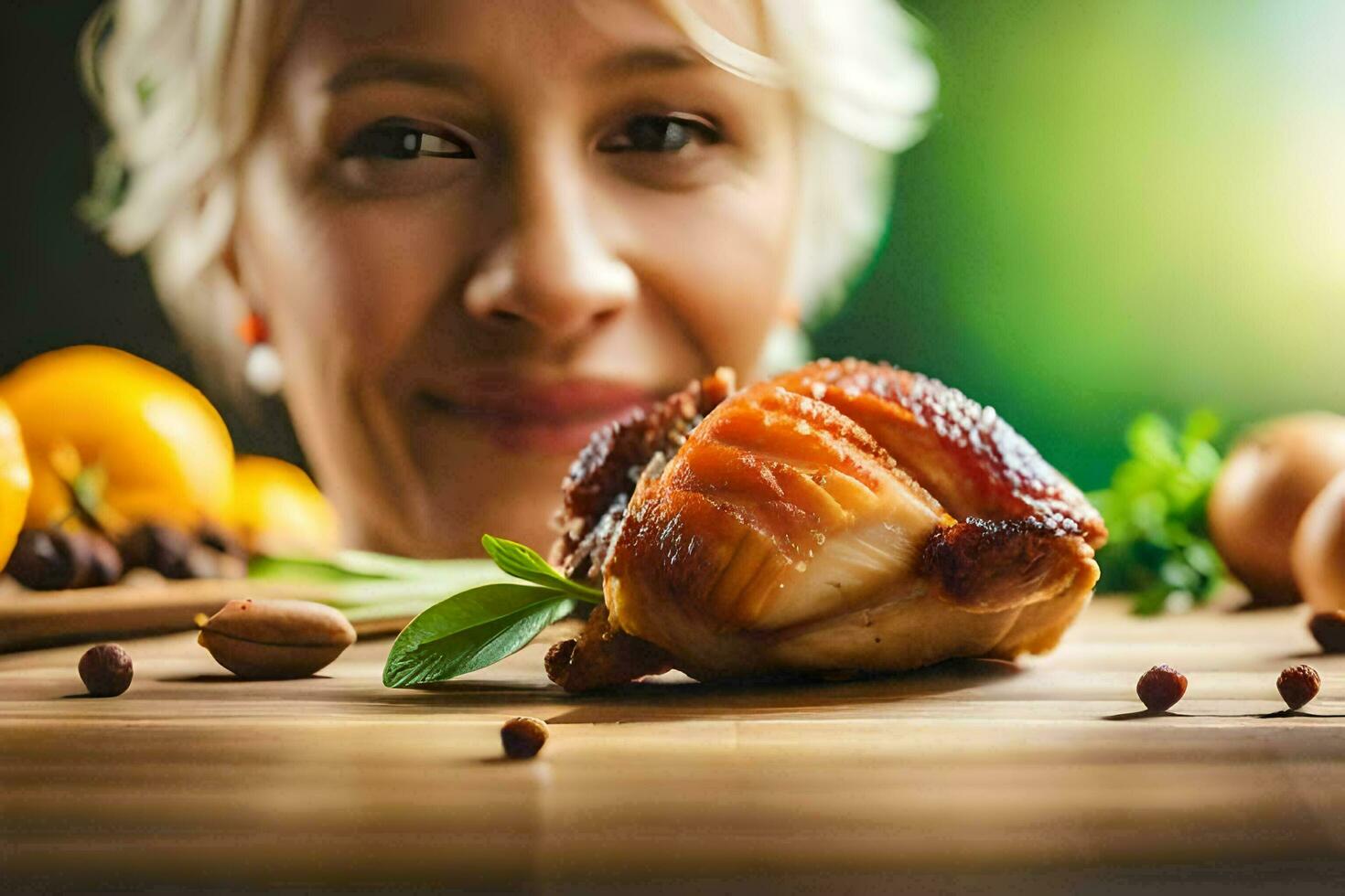 un mujer es mirando a un pedazo de pollo en un mesa. generado por ai foto