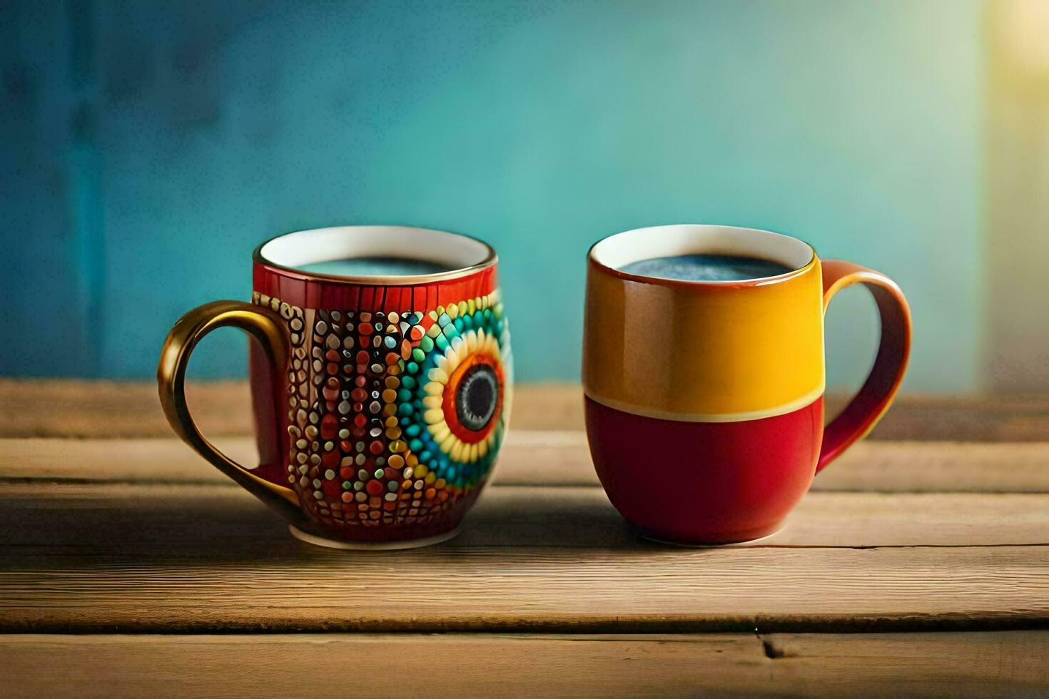 two colorful coffee mugs on a wooden table. AI-Generated photo