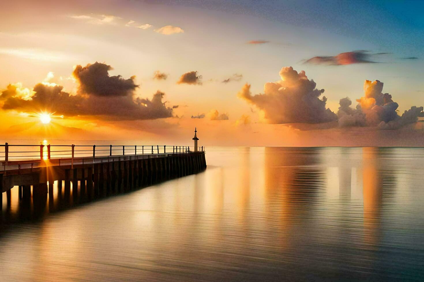 a pier with a sunset over the water. AI-Generated photo