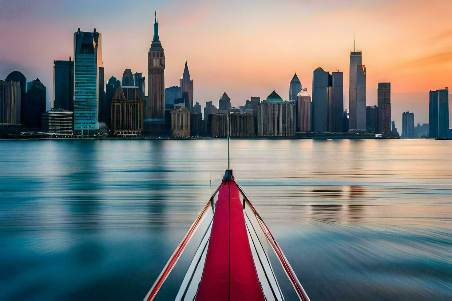 un barco es navegación en frente de el ciudad horizonte. generado por ai foto