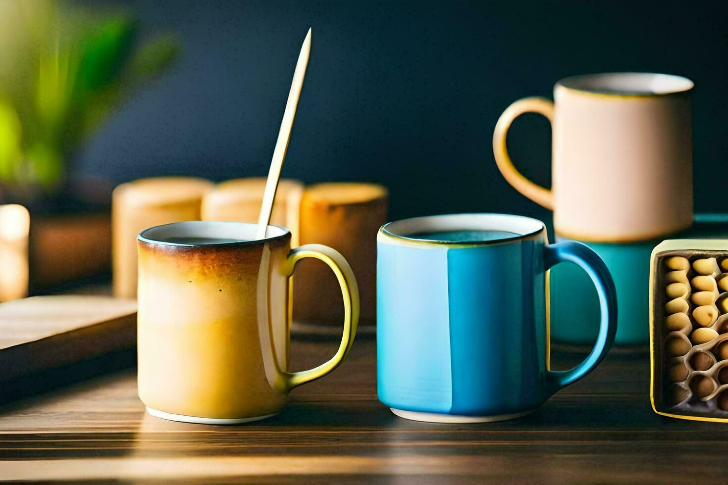 colorful mugs and a wooden box with honey. AI-Generated photo