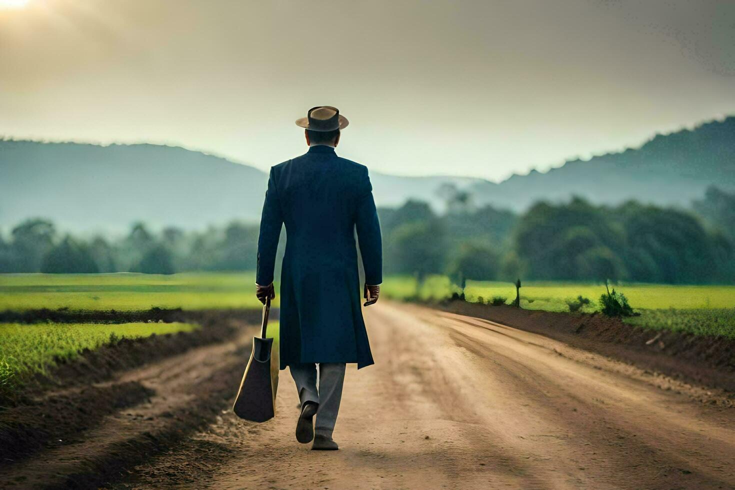 un hombre en un azul traje y sombrero camina abajo un suciedad la carretera. generado por ai foto