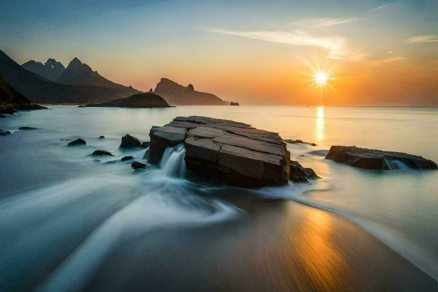 the sun rises over a rocky beach with waves. AI-Generated photo