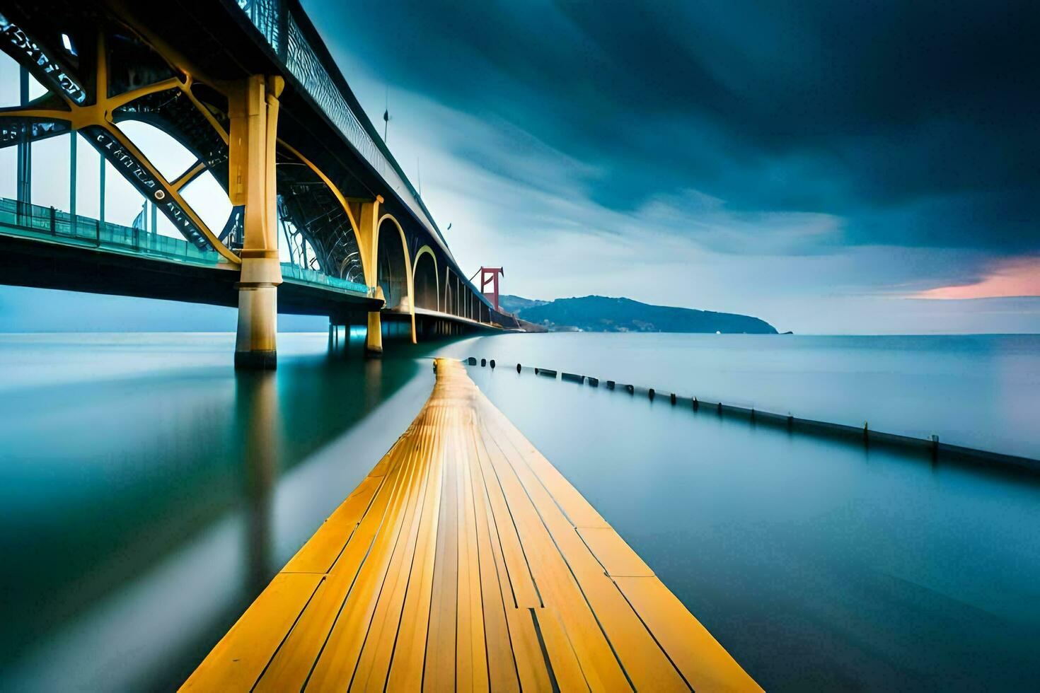 a long exposure photo of a bridge over water. AI-Generated