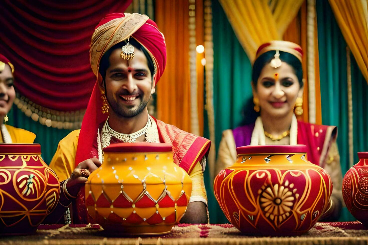 a couple in traditional indian attire holding pots. AI-Generated photo