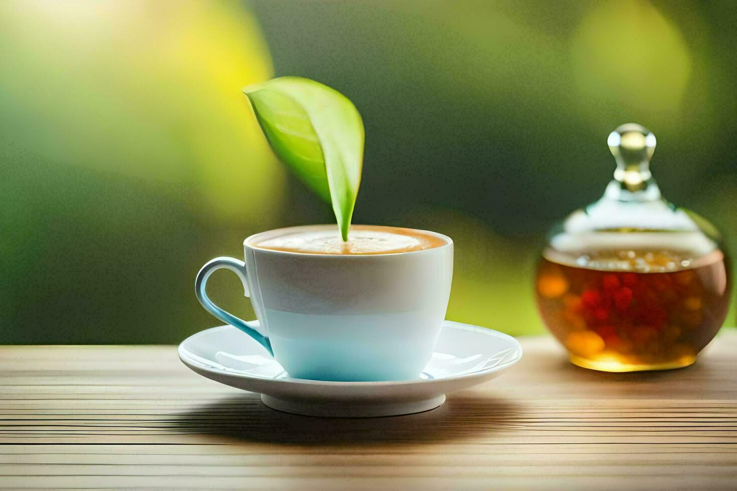 a cup of coffee with a leaf on the saucer. AI-Generated photo