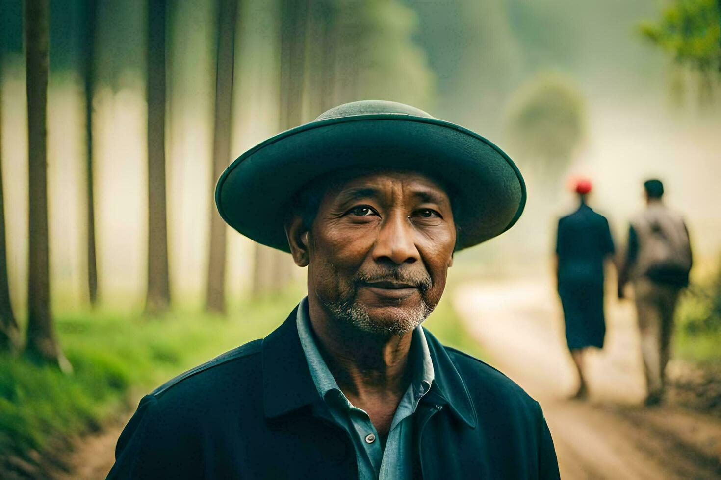 an old man in a hat standing on a dirt road. AI-Generated photo