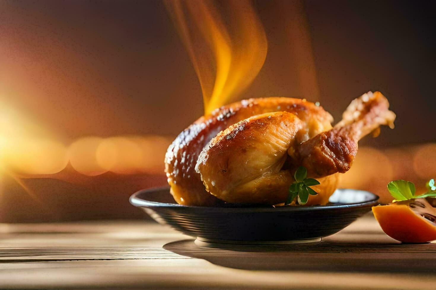 a roasted chicken on a plate with a bowl of vegetables. AI-Generated photo