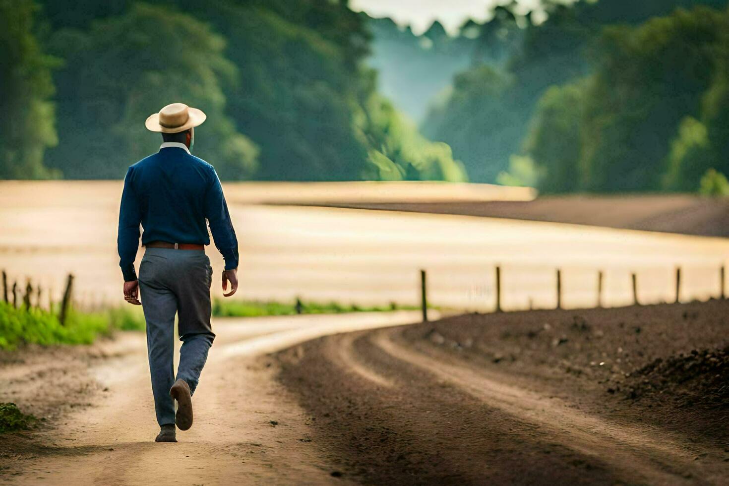 a man in a hat walks down a dirt road. AI-Generated photo