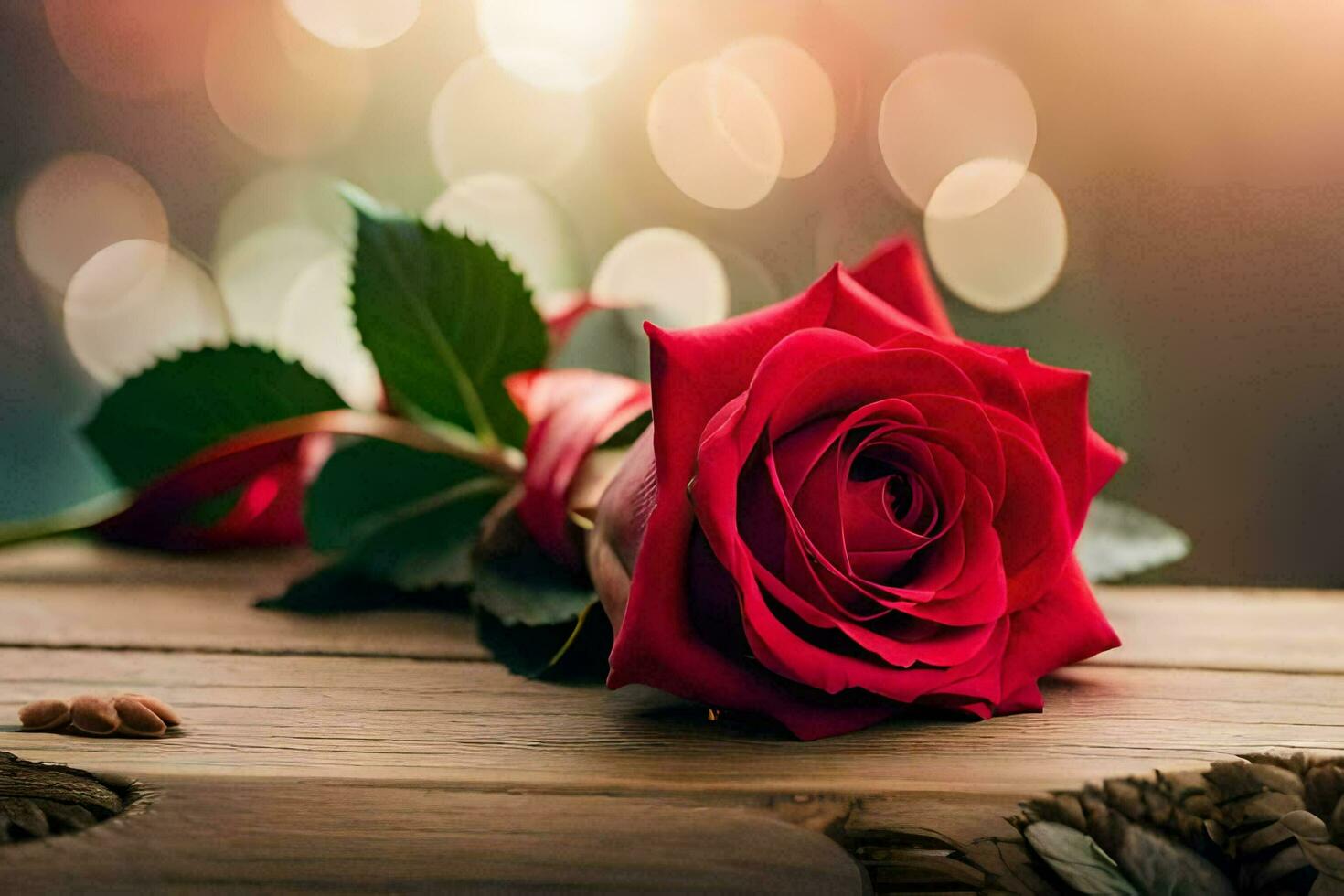 a red rose is sitting on a wooden table with a bokeh background. AI-Generated photo
